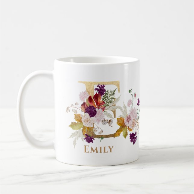 Mug Lettre E - Gold Floral Nom soeur collègue ami coll (Gauche)