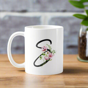 Mug LETTRE Élégante Calligraphie Noire "S" Florale