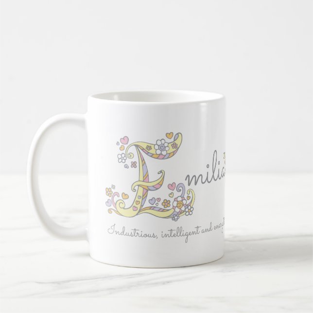 Mug Lettre Emilia E nom signifiant muqueuse monogramme (Gauche)