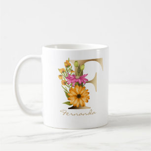 Mug Lettre F Monogramme d'or   Flore rose jaune vert