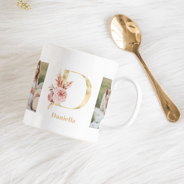 Mug LETTRE FLEUR D'OR ACTUELLE D | Deux monogrammes ph (Créateur téléchargé)