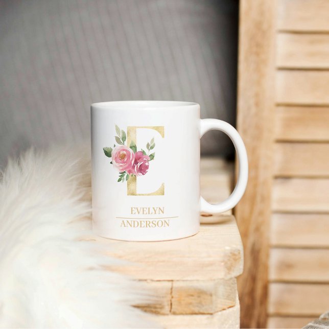 Mug LETTRE FLEURIE D'Aquarelle Or Tendance E | Monogra (Créateur téléchargé)