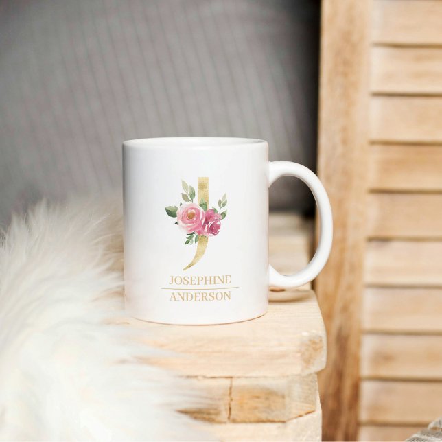 Mug LETTRE FLEURIE J AQUATIE OR tendance | Monogramme (Créateur téléchargé)