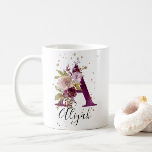 Mug LETTRE Florale À CRÈME Rose Bourgogne A Monogramme
