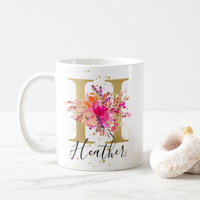 Mug LETTRE Florale CLAIRE CHAUDE rose CHAUD H MONogram (Avec donut)