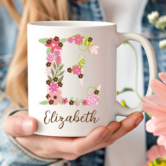 Mug Lettre florale E monographique personnalisée (Personalized Monogram Floral Letter E Coffee Mug)