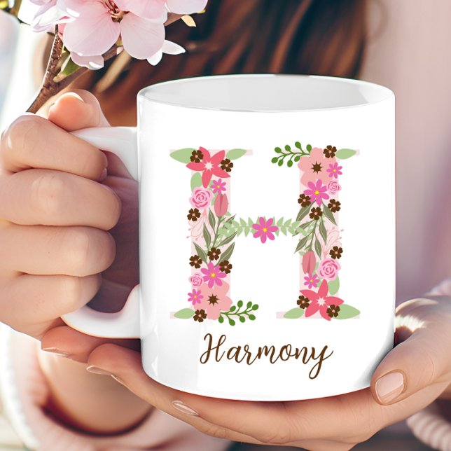 Mug Lettre florale H Monogramme personnalisée (Personalized Monogram Floral Letter H Coffee Mug)