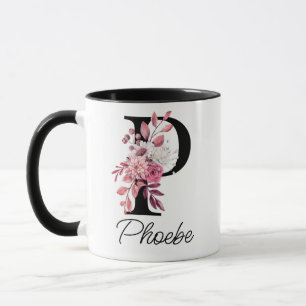 Mug Lettre florale Mauve Rose Dusté P Monogramme initi