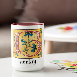 Mug Lettre Florale médiévale illuminée B Monogramme Mu