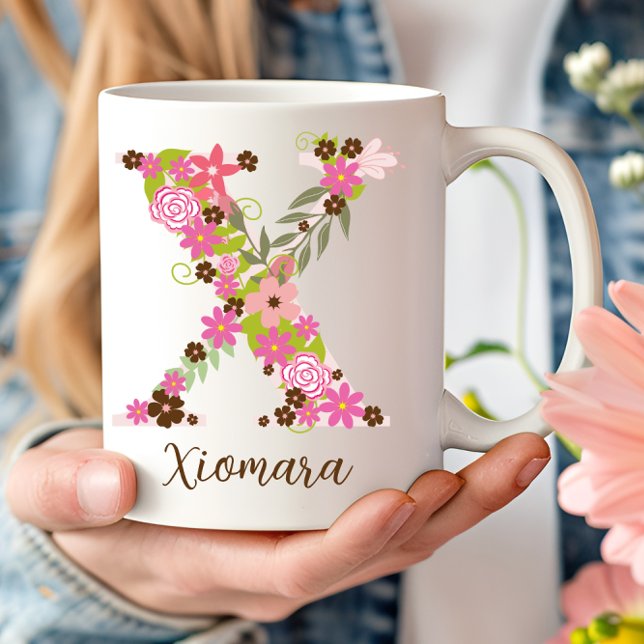 Mug Lettre florale monographique personnalisée X (Personalized Monogram Floral Letter X Coffee Mug)