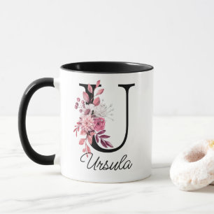 Mug LETTRE Florale Rose Dusty Mauve U Monogramme Initi