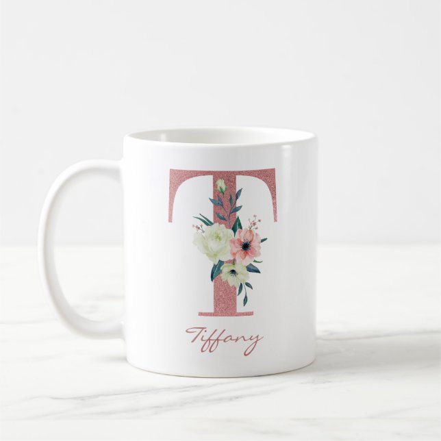 Mug LETTRE Florale T INITIALE - Bouquet rose et ivoire (Gauche)