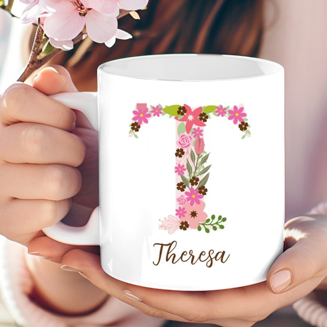 Mug Lettre florale T monogramme personnalisé (Personalized Monogram Floral Letter T Coffee Mug)