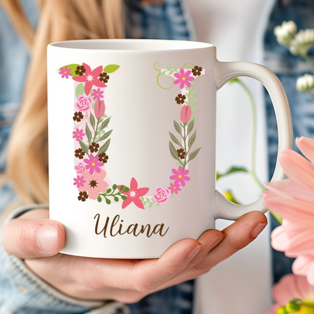 Mug Lettre florale U monogramme personnalisé (Personalized Monogram Floral Letter U Coffee Mug)