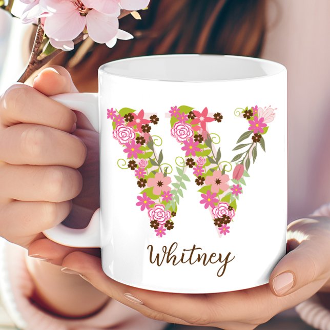 Mug Lettre florale W monogramme personnalisé (Personalized Monogram Floral Letter W Coffee Mug)