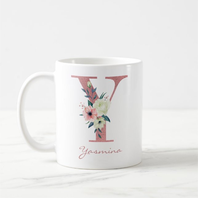 Mug LETTRE Florale Y INITIALE - Bouquet rose et ivoire (Gauche)