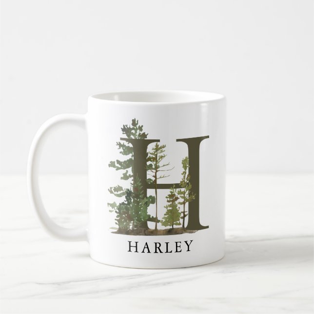 Mug Lettre forestière rustique H Monogramme Nom (Gauche)