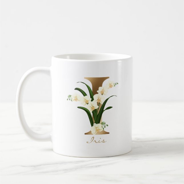 Mug Lettre I Monogramme d'or | Orchidées florales blan (Gauche)