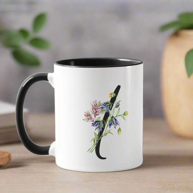 Mug Lettre " I " Monogramme noir Script Floral (Créateur téléchargé)