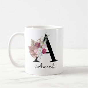 Mug Lettre initiale A florale rose moderne 