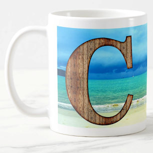 Mug Lettre initiale en bois C Beach Ocean Scene