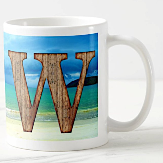 Mug Lettre initiale en bois W Beach Ocean Scene (Créateur téléchargé)
