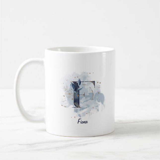 Mug Lettre initiale F personnalisée aquarelle bleue (Gauche)