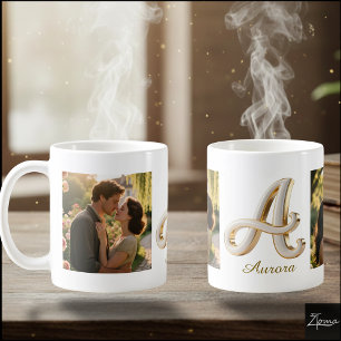 Mug Lettre initiale luxe en cursive or blanc A + 2 PHO