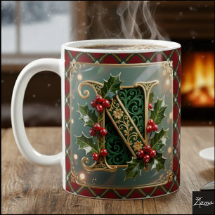 Mug Lettre initiale N de Noël en or élégant au houx
