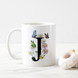 Mug LETTRE J Aquarelle Botanique Papillon monogramme