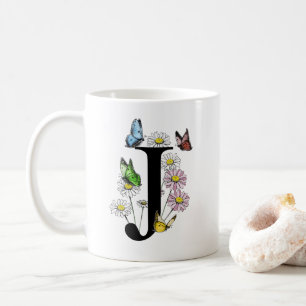 Mug LETTRE J Aquarelle Botanique Papillon monogramme