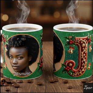 Mug Lettre J de Noël en velours rouge luxueux et or