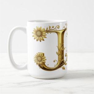 Mug Lettre J dorée élégante avec embellissements flora