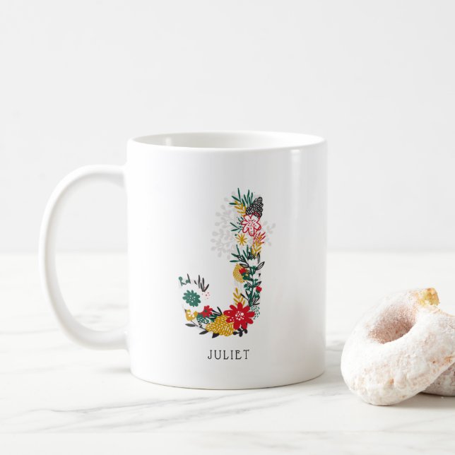 Mug Lettre J | LETTRE FLEURIE Whimsical Monogramme I M (Avec donut)