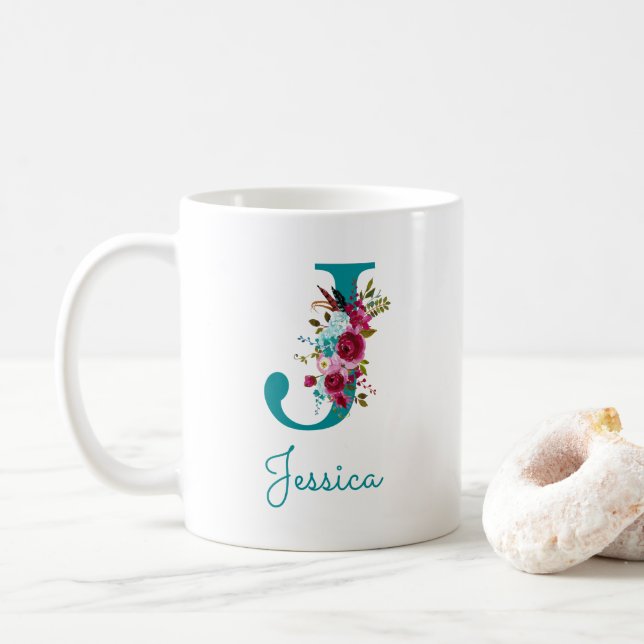 Mug Lettre J Turquoise rose floral (Avec donut)