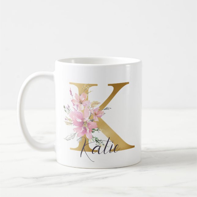 Mug LETTRE K Élégante Pink Floral Or (Gauche)