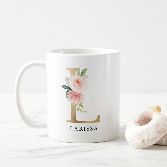 Mug Lettre L Monogramme L rose pâle et or (Avec donut)