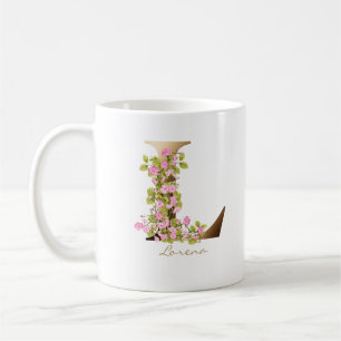 Mug Lettre L Monogramme or   Fleurs de cerisiers roses