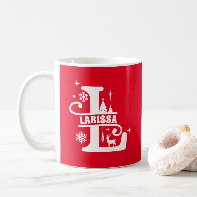 Mug Lettre L Noël Monogramme Nom initial Rouge (Avec donut)
