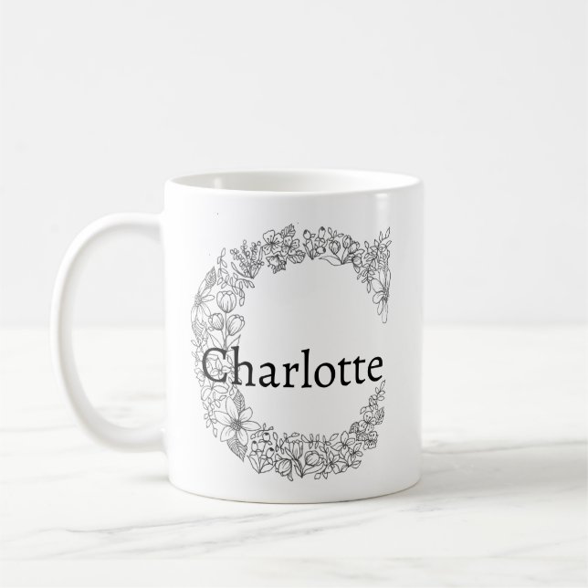 Mug Lettre monogramme B Floral Botanique Noir Blanc (Gauche)