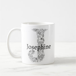 Mug Lettre monogramme J Blanc noir Botanique Floral