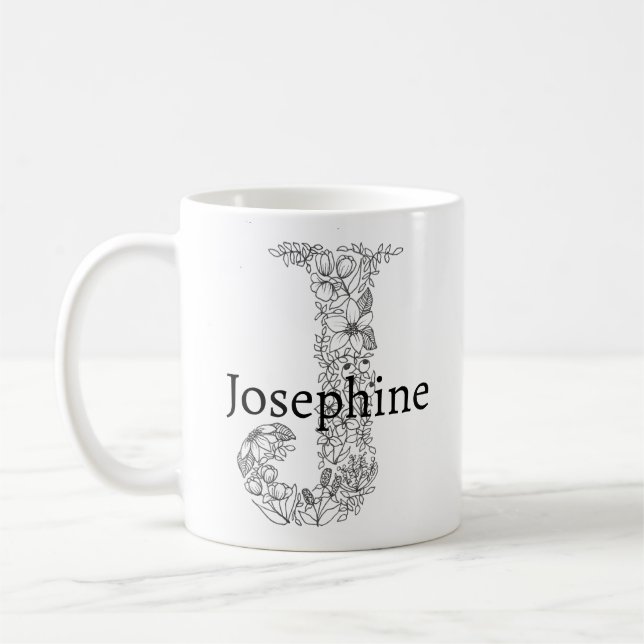 Mug Lettre monogramme J Blanc noir Botanique Floral (Gauche)