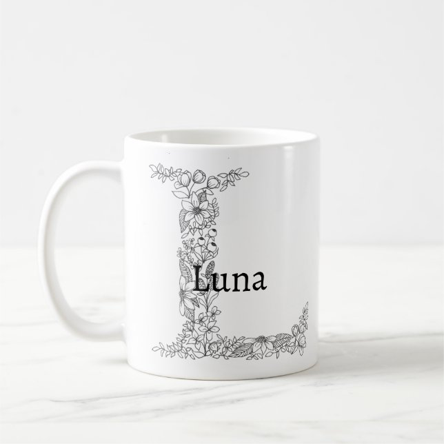 Mug Lettre monogramme L Blanc noir Botanique Floral (Gauche)