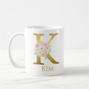 Mug LETTRE MONOGRAPHIQUE D'OR Floral Personnalisé K Pe