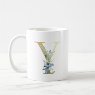 Mug LETTRE MONOGRAPHIQUE D'OR Y Fleurs Aquarelles Bleu
