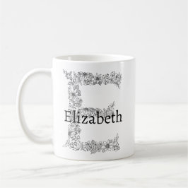 Mug LETTRE MONOGRAPHIQUE E BLANC Noir Botanique Floral