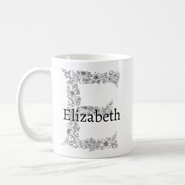 Mug LETTRE MONOGRAPHIQUE E BLANC Noir Botanique Floral (Gauche)