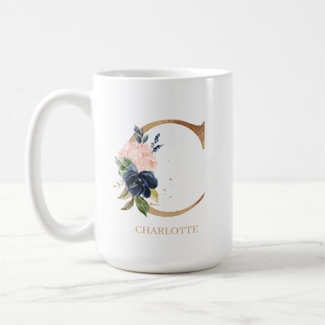Mug LETTRE MONOGRAPHIQUE Florale Blush Navy "C" Person (Gauche)
