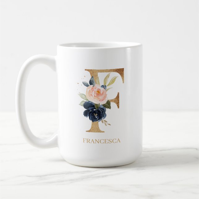 Mug LETTRE MONOGRAPHIQUE Florale Blush Navy "F" Person (Gauche)