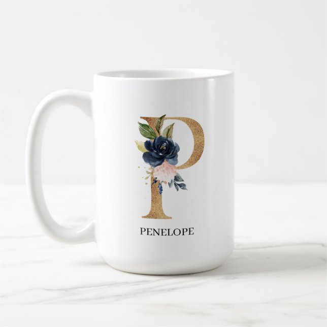 Mug LETTRE MONOGRAPHIQUE Florale Blush Navy "P" Person (Gauche)